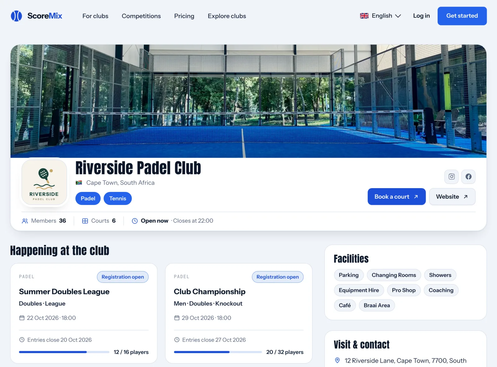 A ScoreMix public club page showing the club's cover, sports, member and court counts, opening status, upcoming competitions and facilities.